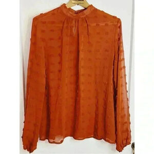 SHEIN Orange Blouse with Pom Poms and a Singapore Collar Size  Lg.
